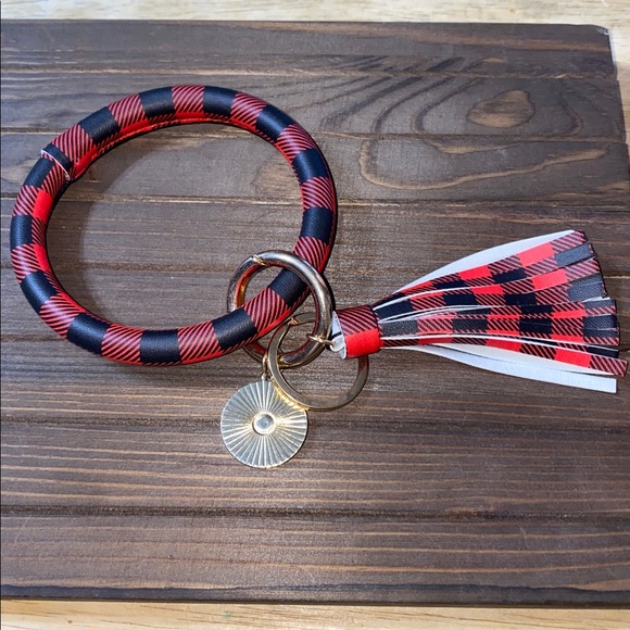Accessories - Red & Black Buffalo Plaid Keychain Bracelet with Gold Accent & Fringe Tassel
